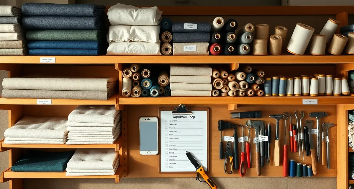 Inventory management system for upholstery supplies and tools Organized upholstery shop inventory displays fabric bolts, foam supplies, and tools with par level tracking labels for efficient stock management.