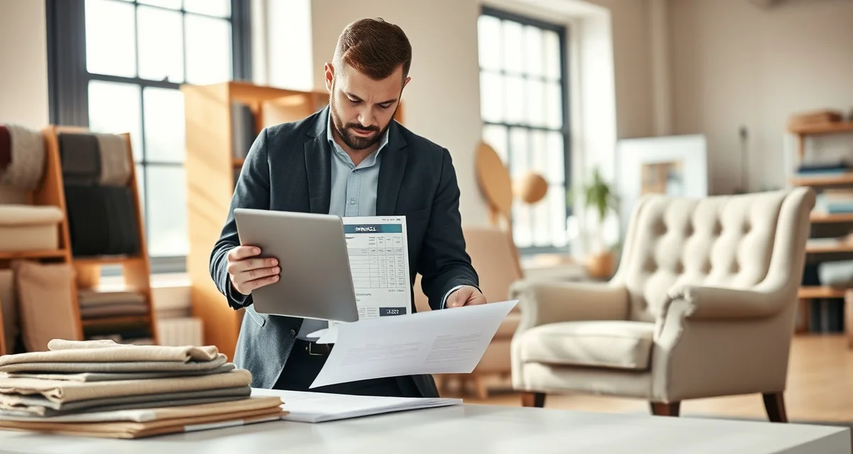 Integrated upholstery invoicing system interface Digital invoicing software dashboard for upholstery shops showing itemized billing with fabric and labor calculations for faster payment collection.