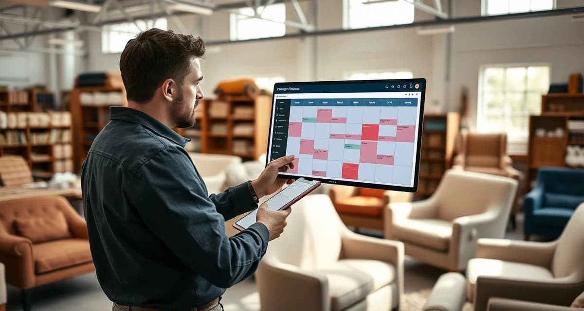Lead time tracking for upholstery shop operations Upholstery shop manager tracking lead times and production queue on digital management system with fabric samples visible