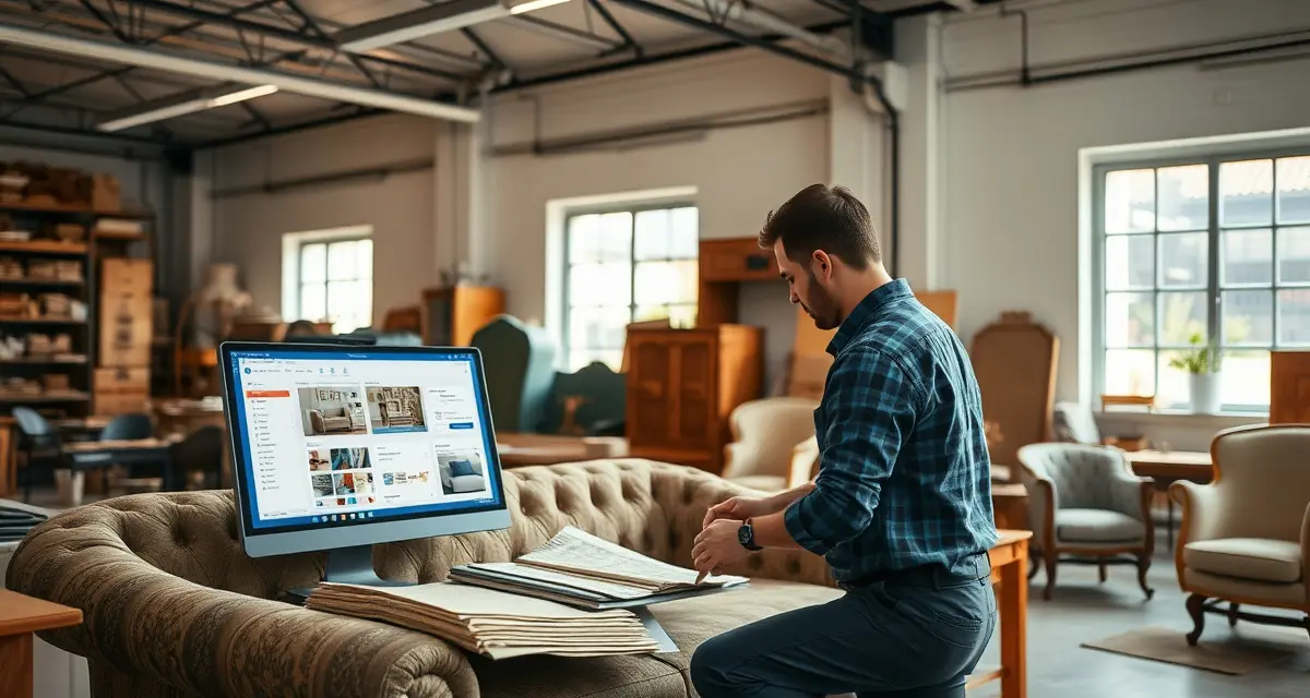 StitchDesk upholstery business software for PA shops Upholstery shop management software interface displayed in a professional Pennsylvania workshop with craftspeople working on furniture restoration.