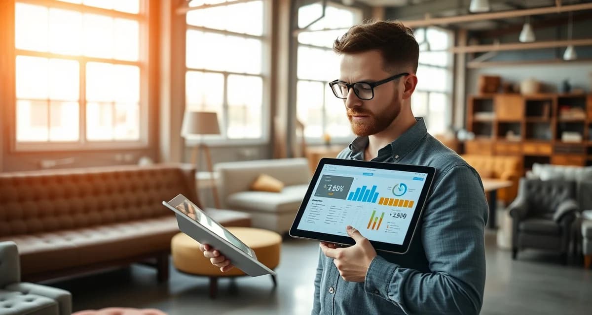 Cloud Software for North Dakota Upholstery Shops Upholstery shop manager using cloud-based management software on tablet in North Dakota workshop with premium furniture visible