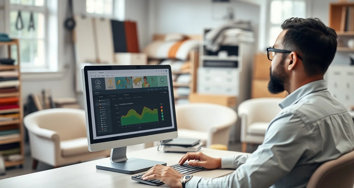 Upholstery shop software dashboard for small businesses Small upholstery shop owner using management software on computer to track jobs and quotes efficiently