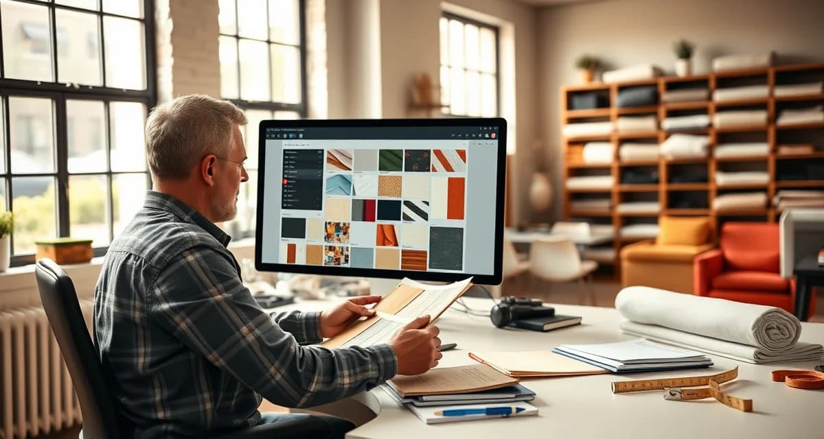 Upholstery software helps new shop owners start efficiently New upholstery shop owner using StitchDesk management software to calculate yardage and track projects on computer