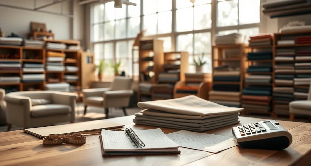 Calculate overhead costs for upholstery business Upholstery shop overhead calculation workspace with fabric samples, tools, and accounting materials on desk