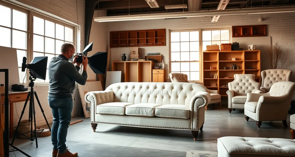 Before-and-after upholstery photography for shop marketing Professional upholstery shop photo marketing setup showing before-and-after sofa transformation with professional lighting equipment