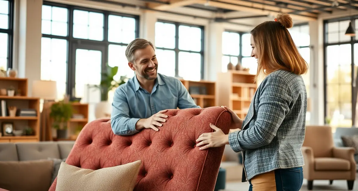 Upholstery shop pickup moment review strategy Customer examining finished upholstered furniture at pickup, the optimal moment for requesting reviews in upholstery shops