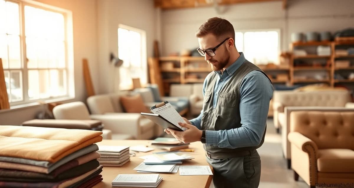 Digital scheduling solution for upholstery shop operations Upholstery shop manager using scheduling software on tablet to organize multiple job orders and fabric deliveries