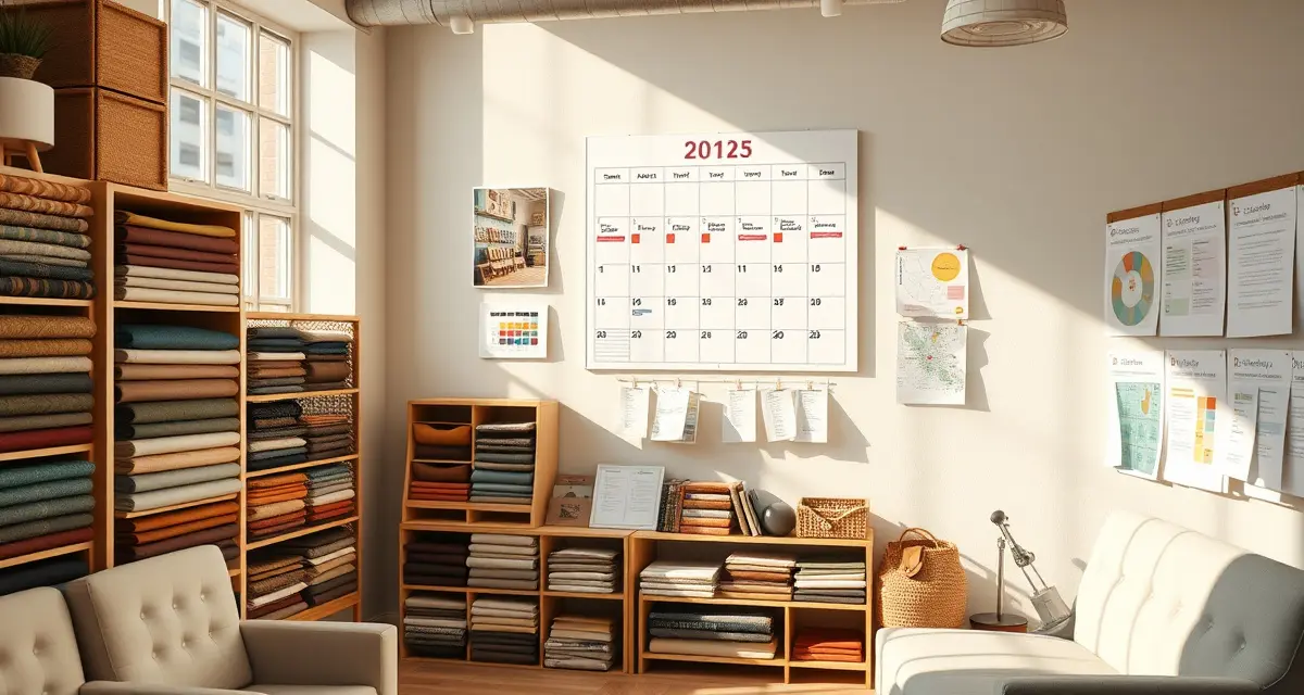 Seasonal planning framework for upholstery businesses Upholstery shop seasonal planning calendar showing quarterly management strategy for fabric orders and peak season preparation