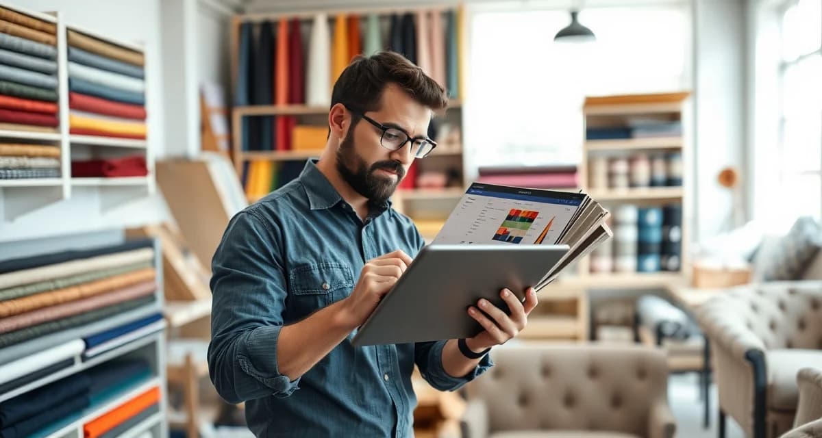 StitchDesk upholstery management software for Alabama shops Upholstery shop software interface displayed on tablet with fabric swatches in Alabama workshop setting