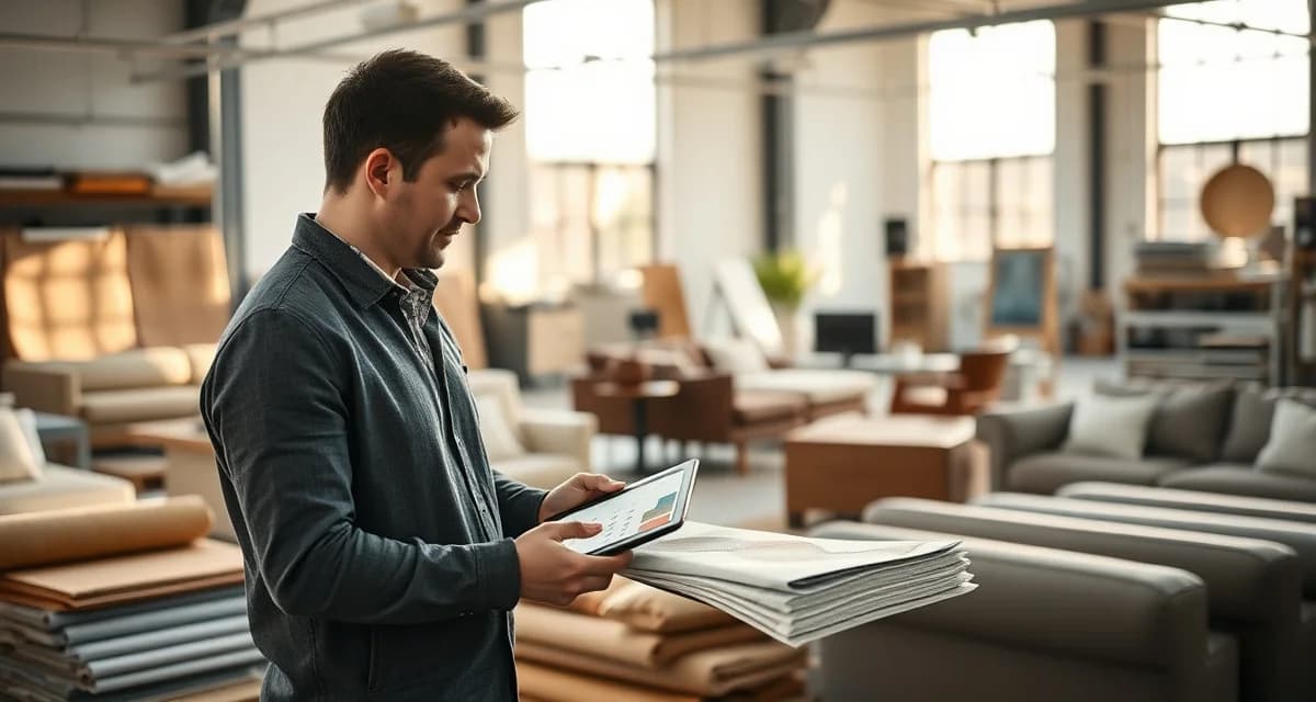 California upholstery shop management software in action Upholstery shop manager using design software on tablet to manage high-volume California upholstery projects with fabric samples displayed.