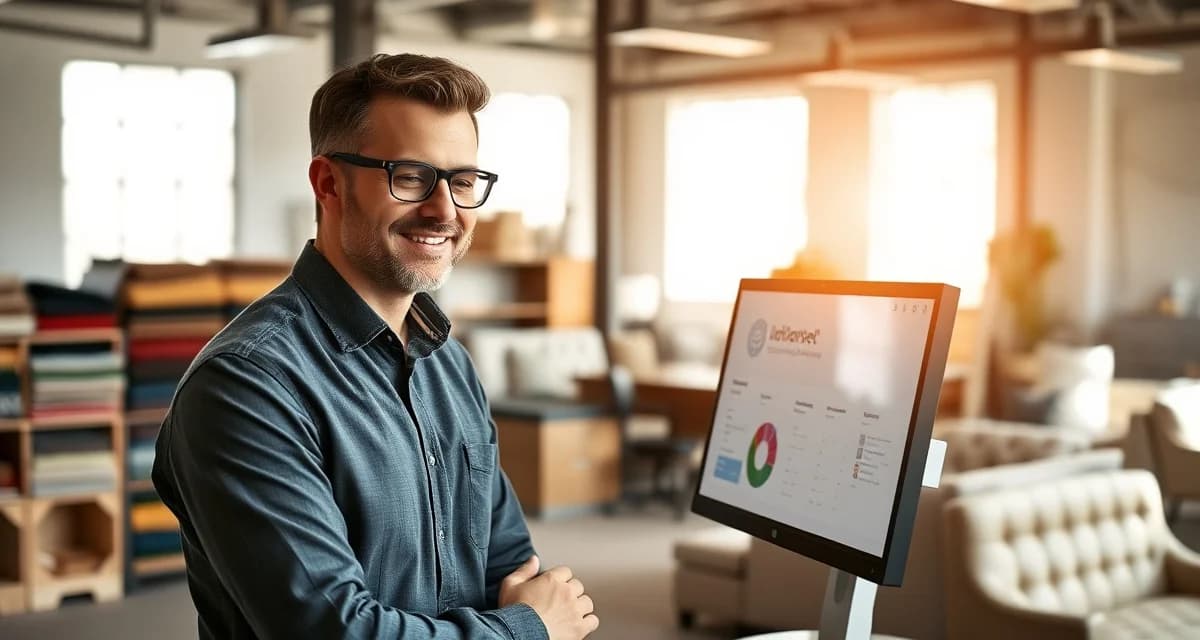 StitchDesk upholstery shop software FAQ resource Upholstery shop owner using management software on computer to streamline business operations and answer common questions