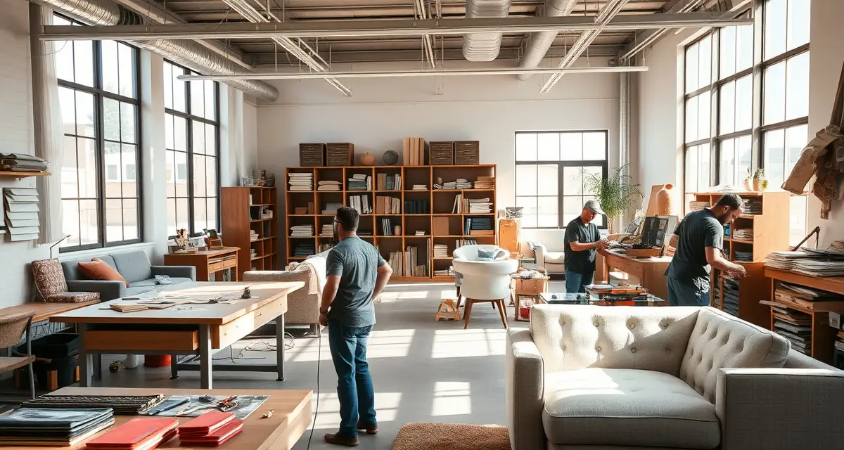 Idaho upholstery business management workspace Modern upholstery shop in Idaho with craftspeople restoring furniture, representing professional shop management software solutions.