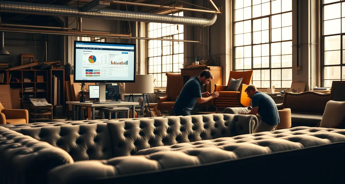 StitchDesk upholstery management platform for Illinois shops Professional upholstery shop software interface managing commercial projects for Illinois-based furniture businesses in Chicago