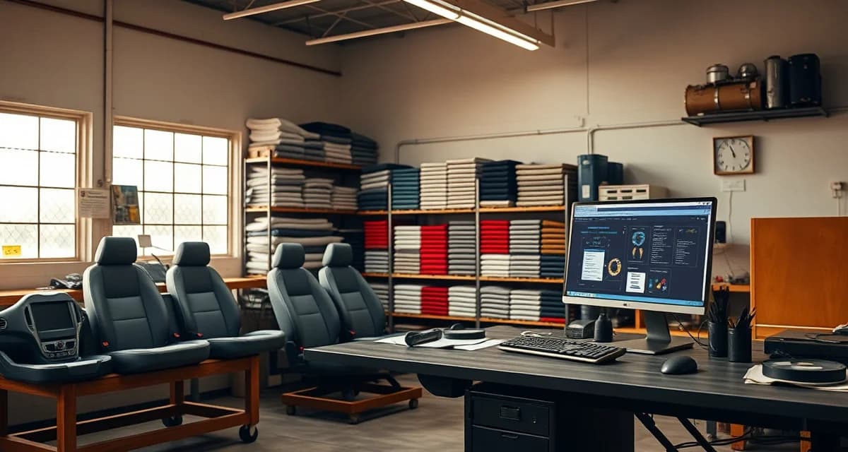 Michigan upholstery shop using specialized software for automotive work Modern upholstery shop in Michigan with organized fabric inventory and StitchDesk management software displayed on computer workstation for automotive interior projects.