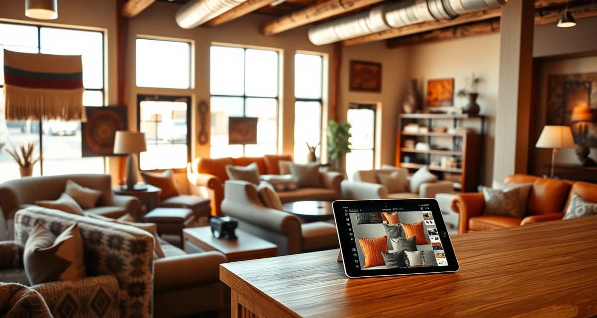 StitchDesk fabric visualization for regional upholstery shops Upholstery shop software interface displaying Southwestern fabric patterns and furniture visualization for New Mexico clients.