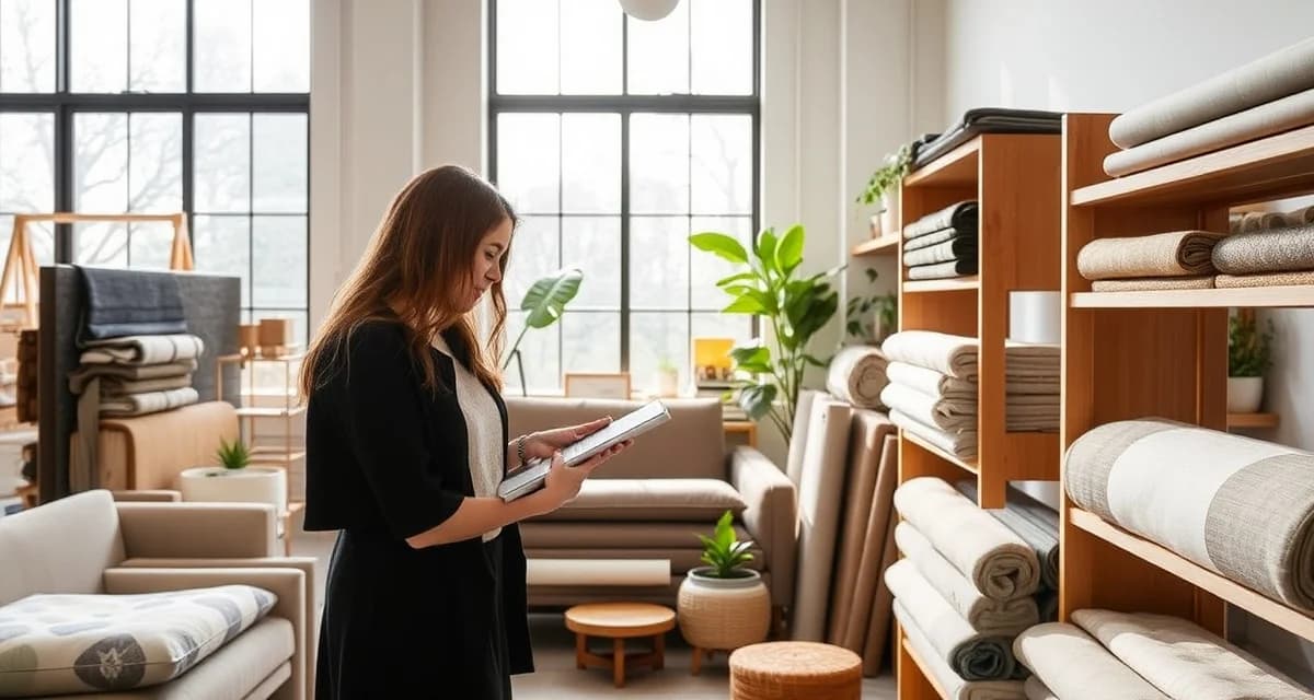 StitchDesk upholstery management software for Oregon shops Upholstery shop software interface displaying sustainable fabric options for Portland design studios managing eco-friendly material inventory.