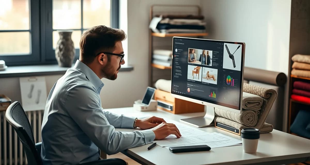 Evaluating upholstery shop management tools Upholstery shop manager reviewing legacy software on computer workstation with fabric samples visible