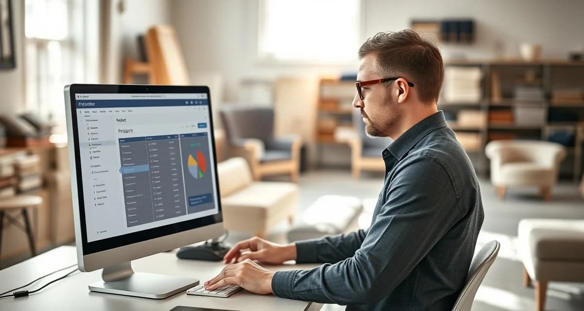 Utah upholstery business management software interface Upholstery shop manager using management software to track projects and clients on desktop computer in modern workshop