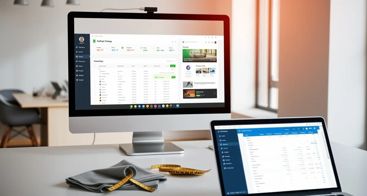 When to upgrade from spreadsheets to dedicated upholstery software Comparison of upholstery shop management software dashboard versus Google Sheets spreadsheet on computer monitors in professional workspace.