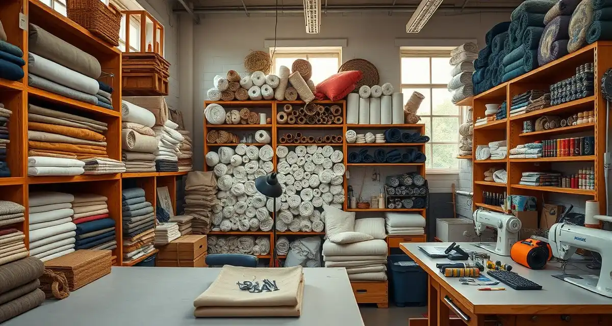 Essential upholstery shop inventory management Organized upholstery shop supplies including fabric, foam, springs, and tools arranged on wooden shelving in a professional workspace.