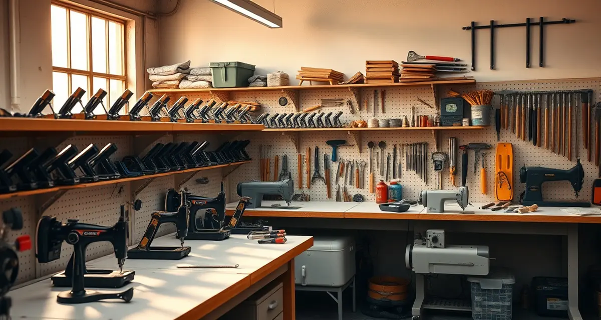 Essential upholstery shop tools by business stage Organized upholstery shop tools arranged by tier including pneumatic staplers, sewing machines, and hand tools on professional workbenches.