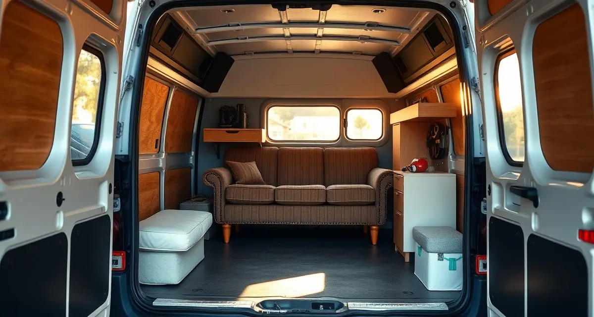 Professional van organization for furniture delivery and pickup Organized upholstery shop van interior showing properly secured furniture with protective padding and efficient storage setup for mobile delivery operations.