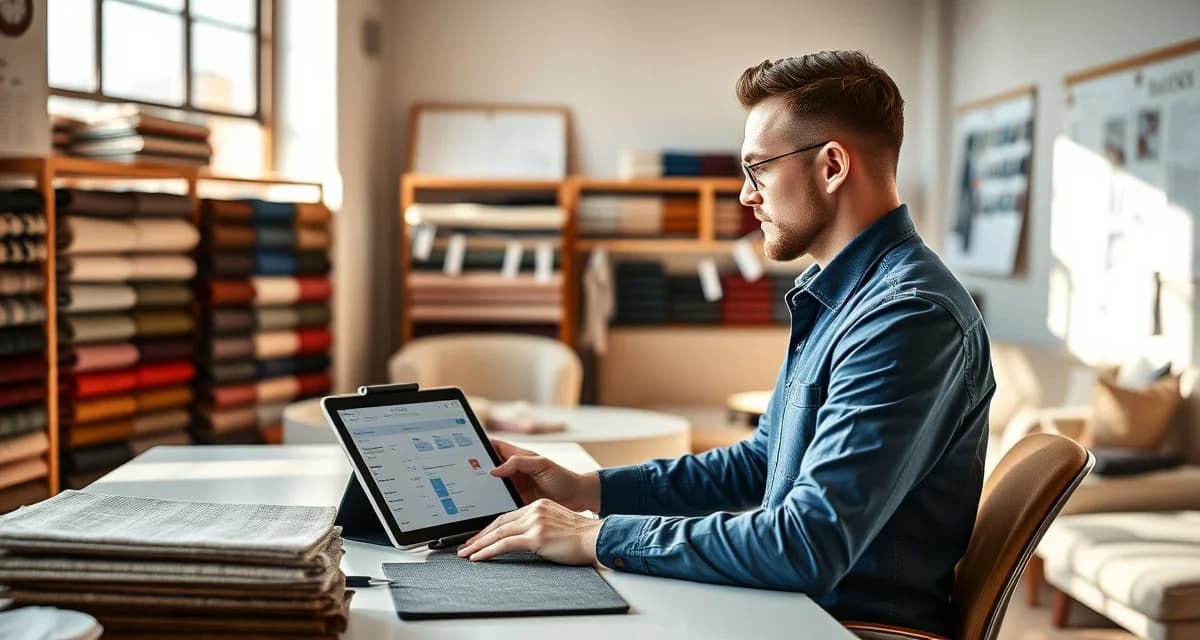 Efficient upholstery shop workflow management system Upholstery shop manager organizing workflow with digital management software on tablet and fabric samples on organized workstation desk.