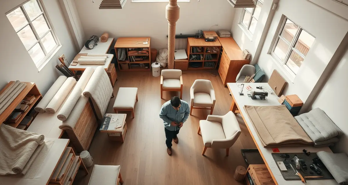 Modern upholstery workshop organization for efficiency Organized upholstery shop workspace with efficient workstations, neatly arranged tools, and materials demonstrating improved shop productivity.