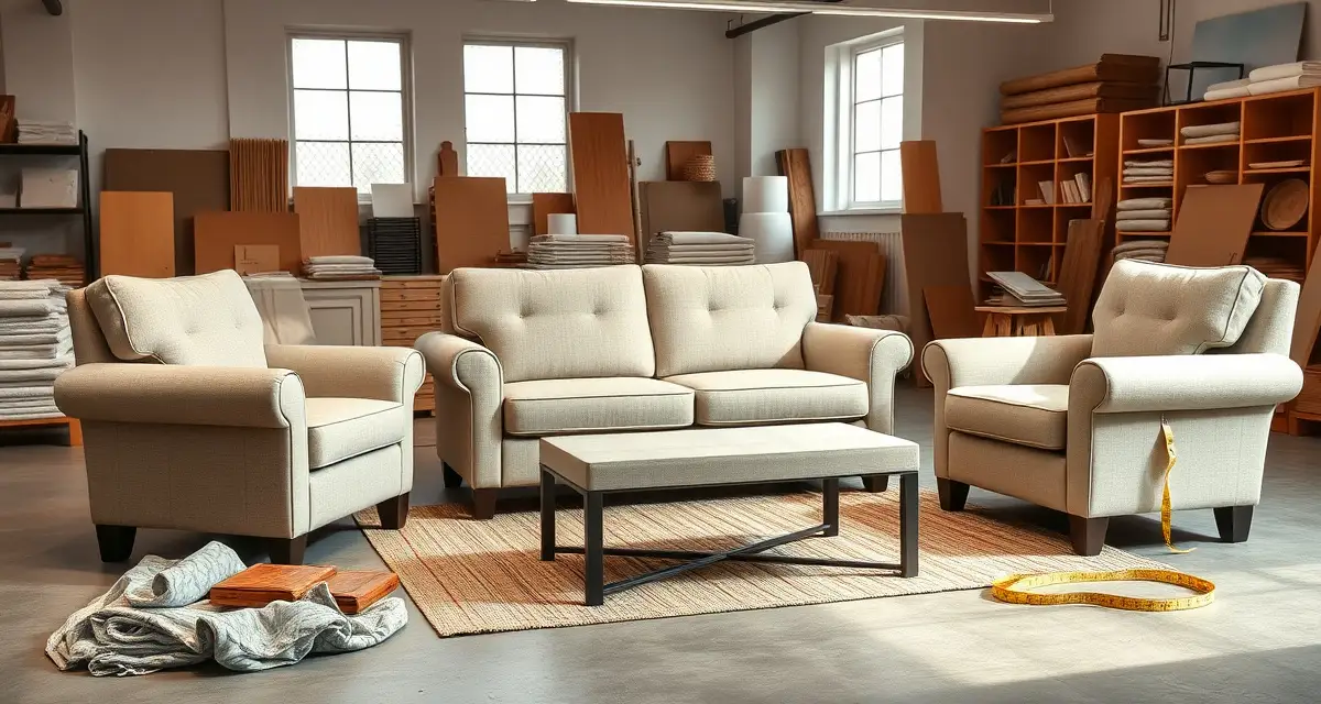 Sofa set fabric yardage calculation guide Complete sofa set with loveseat and accent chair showing fabric yardage requirements for upholstery projects