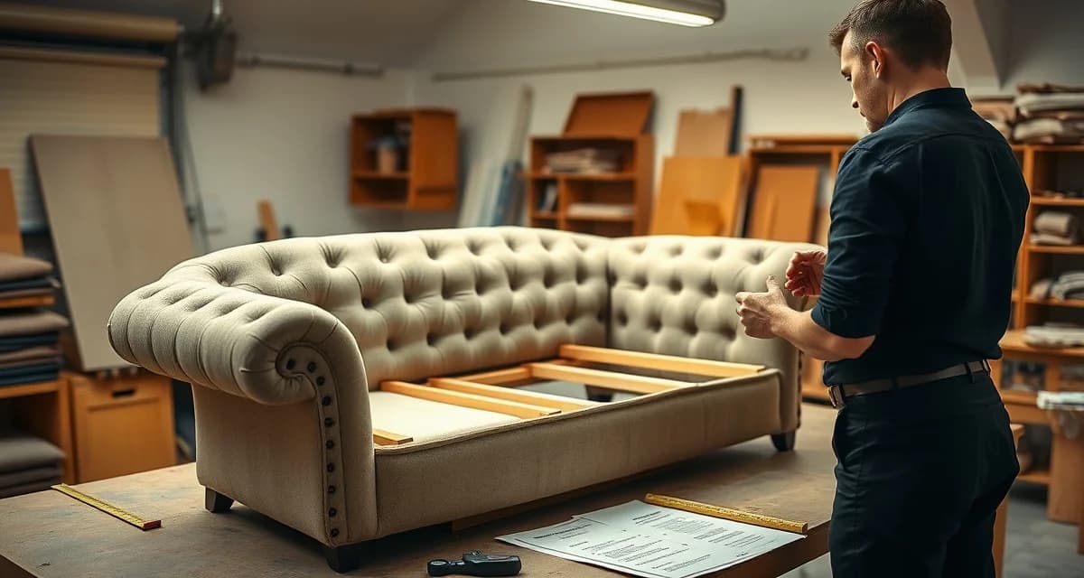 Labor complexity in sofa reupholstery pricing Upholstery pricing by sofa style: craftsperson measuring Chesterfield frame showing labor-intensive construction details