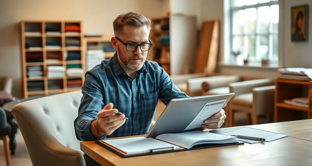 Software evaluation process for upholstery shops Upholstery shop manager evaluating software solutions with evaluation criteria checklist and fabric samples on desk