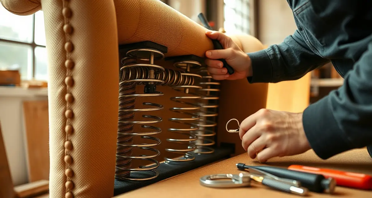 Professional spring system inspection in upholstery shop Upholstery technician inspecting coil springs during furniture frame examination for spring repair work