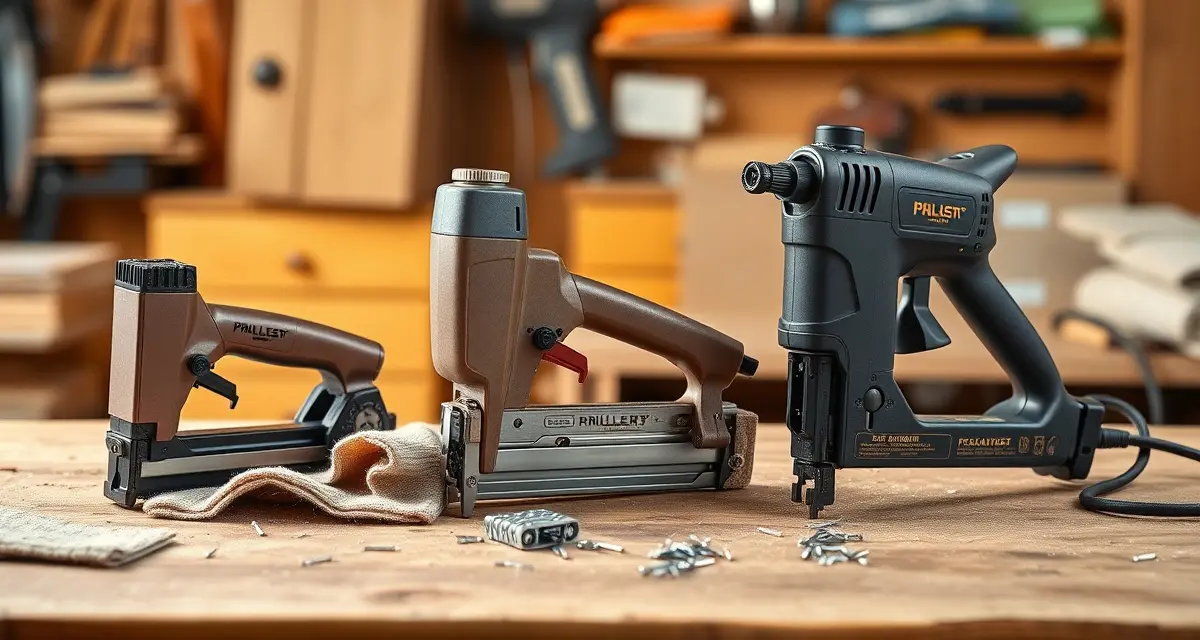 Three types of upholstery staple guns side by side Comparison of manual, pneumatic, and electric upholstery staple guns with fabric samples on workbench