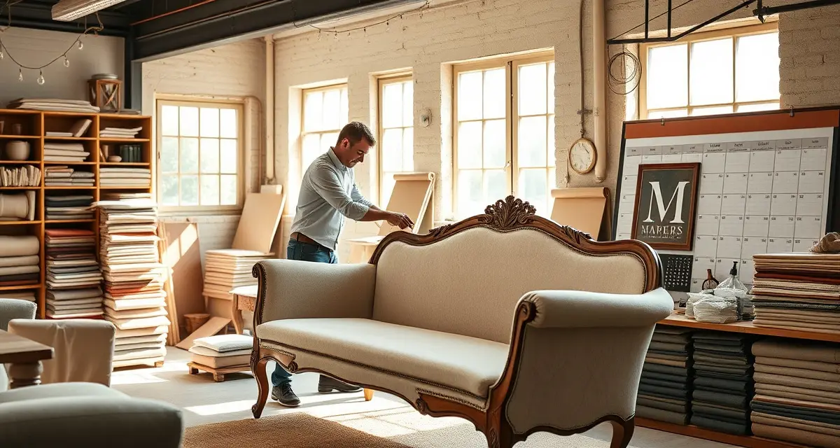 Setting accurate upholstery project timelines Upholstery shop manager calculating turnaround time with production timeline chart and fabric samples