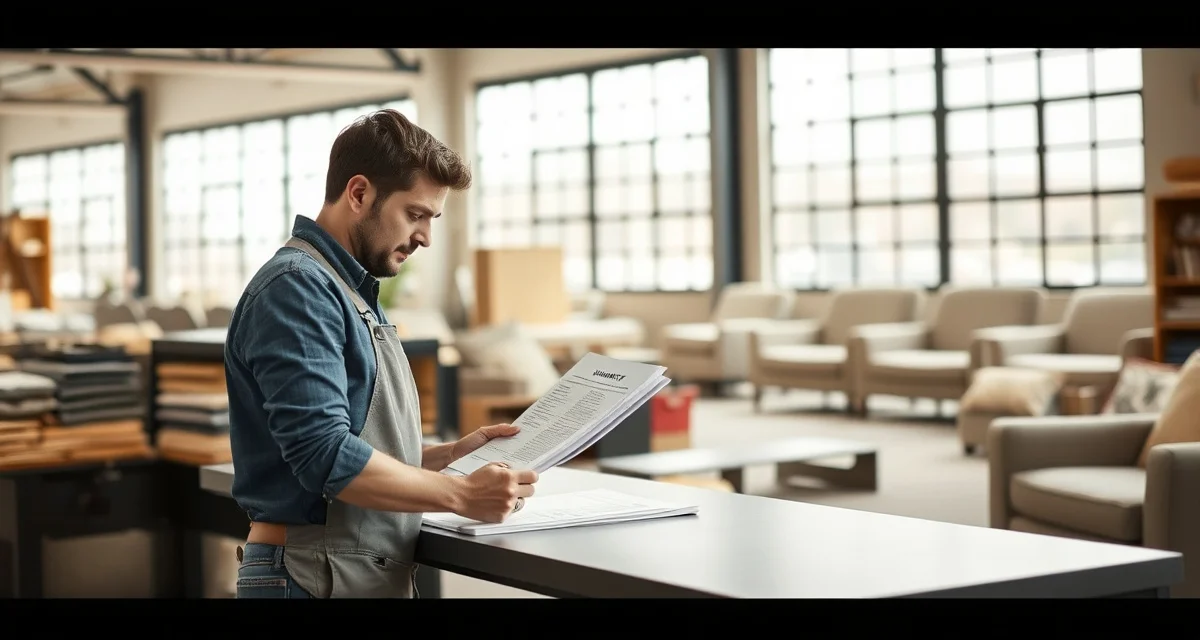 Warranty policy documentation in upholstery shop management Upholstery shop professional reviewing written warranty policy documentation with client at workstation