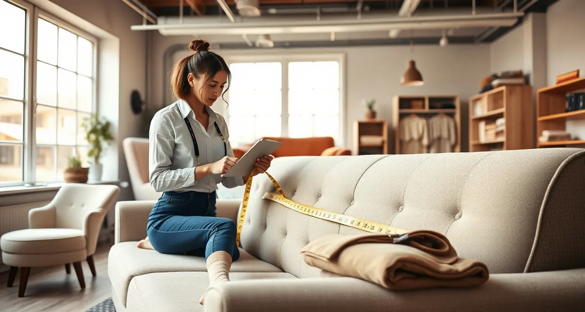 Free yardage estimation for upholstery consultations Upholstery professional measuring sofa fabric yardage with tape measure for quick ballpark estimates
