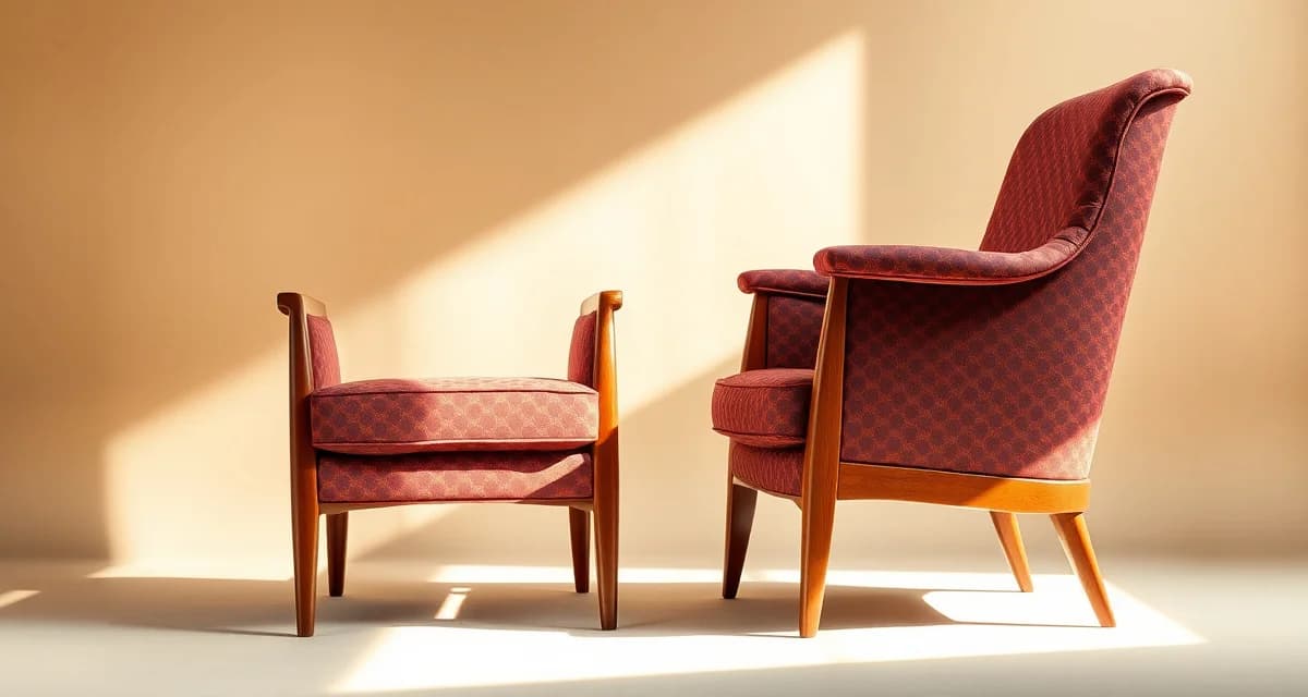 Vintage furniture upholstery restoration example Expertly restored vintage mid-century modern armchair with period-appropriate upholstery fabric and wooden frame, demonstrating professional upholstery restoration techniques.