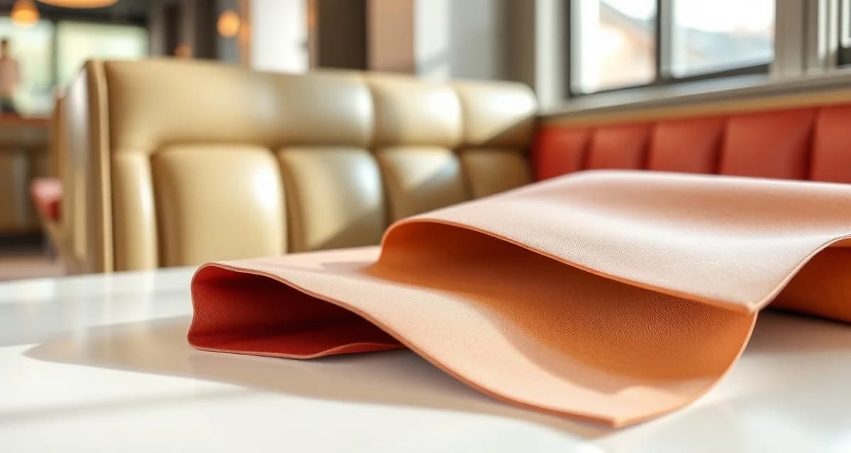 Grain direction alignment in vinyl yardage calculations Vinyl fabric swatches demonstrating grain direction matching for commercial upholstery and restaurant booth seating applications