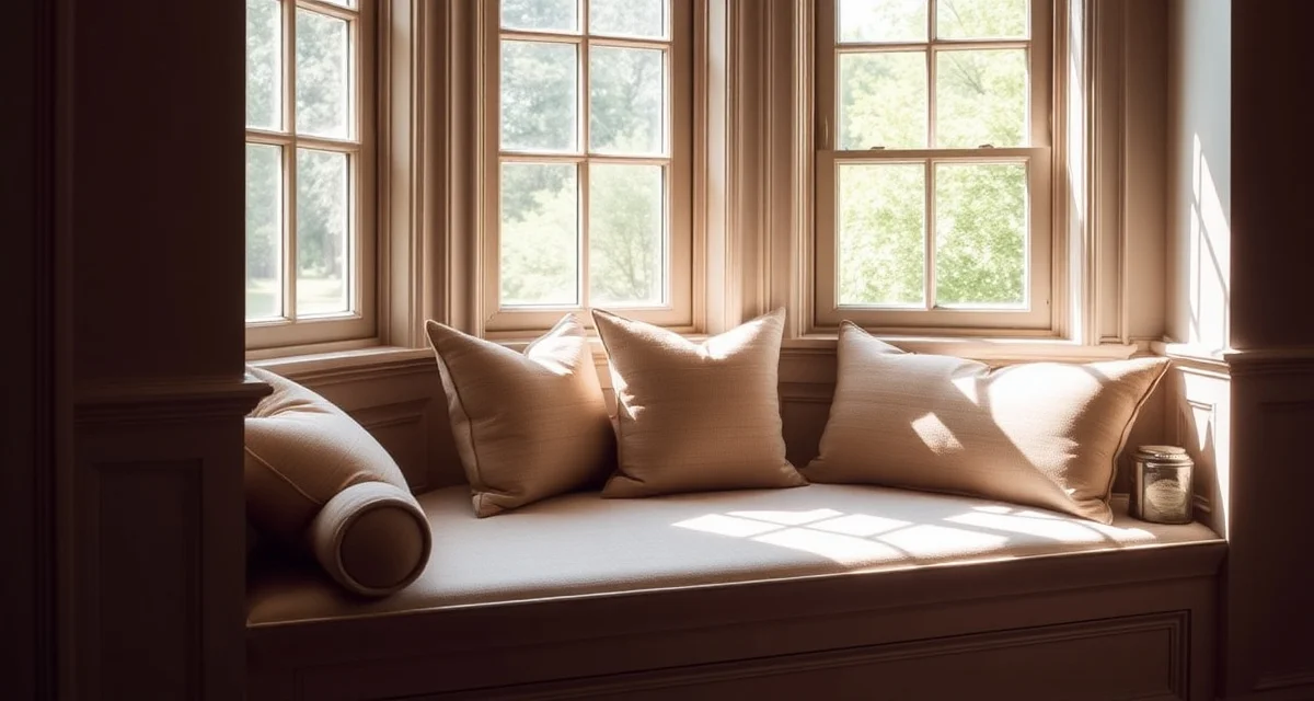 Custom window seat upholstery with side returns Window seat with upholstered cushion seat and side return panels showing fabric yardage requirements for custom upholstery projects