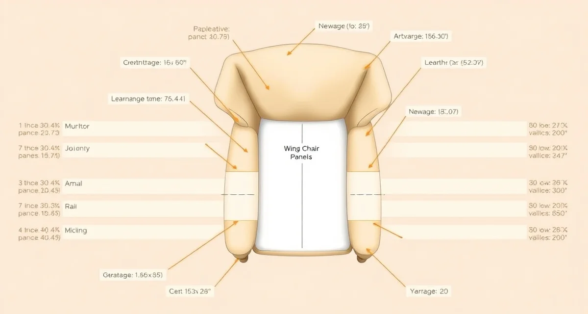Wing chair panel layout and yardage breakdown Detailed 16-panel wing chair yardage guide diagram showing all fabric sections and measurements for upholstery reupholstery projects.