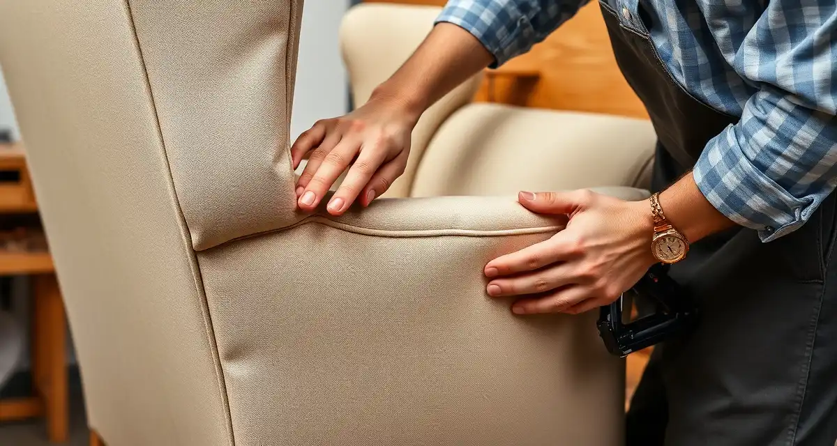 Wing chair fabric panel installation technique Upholsterer installing inside arm panel on wing chair frame before wing panel attachment to prevent wrinkles