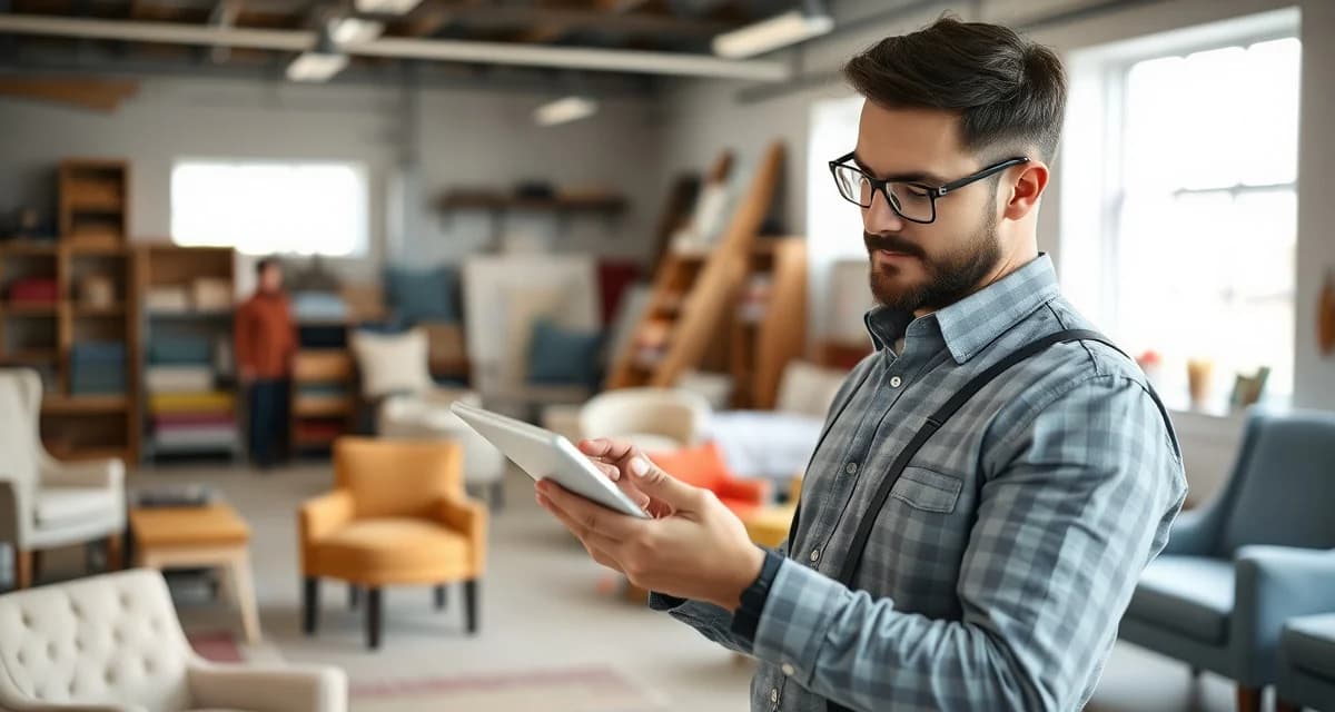 Yelp profile optimization for upholstery businesses Upholstery shop owner managing Yelp reviews and ratings on tablet to optimize local business profile and generate more customer leads